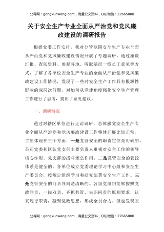 关于安全生产专业全面从严治党 和党风廉政建设的调研报告