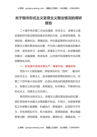 关于我市形式主义官僚主义整治情况的调研报告