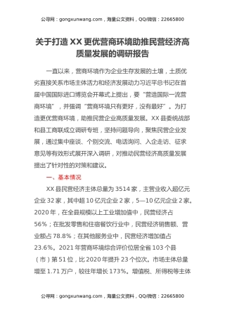 关于打造XX更优营商环境助推民营经济高质量发展的调研报告