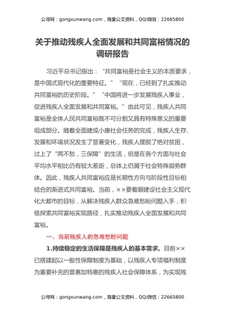 关于推动残疾人全面发展和共同富裕情况的调研报告