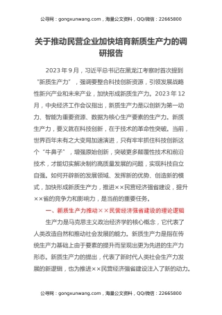 关于推动民营企业加快培育新质生产力的调研报告