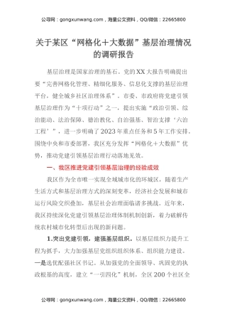 关于某区“网格化+大数据”基层治理情况的调研报告