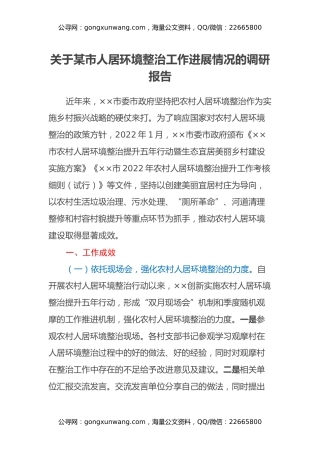 关于某市人居环境整治工作进展情况的调研报告