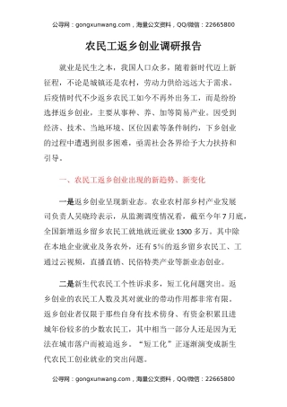 农民工返乡创业调研报告