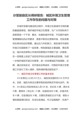 分管副县区长调研报告：城区环境卫生管理工作存在的问题与对策