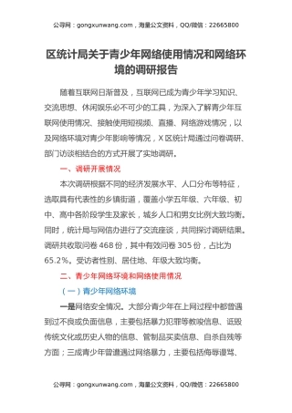 区统计局关于青少年网络使用情况和网络环境的调研报告