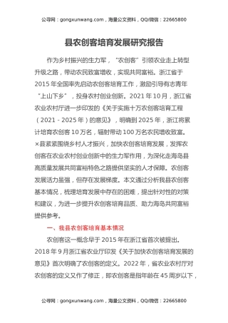 县农创客培育发展研究报告