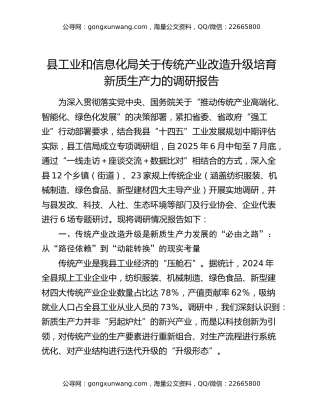 县工业和信息化局关于传统产业改造升级培育新质生产力的调研报告