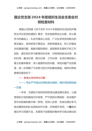 国企党支部2024年度组织生活会支委会对照检查材料