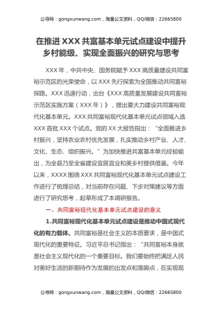 在推进XXX共富基本单元试点建设中提升乡村能级、实现全面振兴的研究与思考