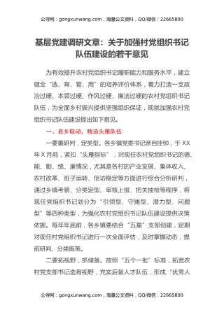 基层党建调研文章：关于加强村党组织书记队伍建设的若干意见