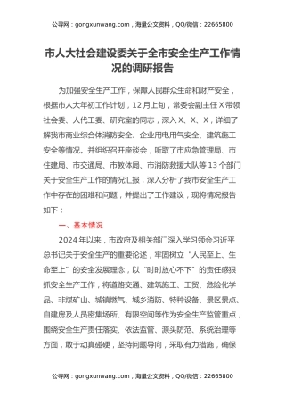 市人大社会建设委关于全市安全生产工作情况的调研报告