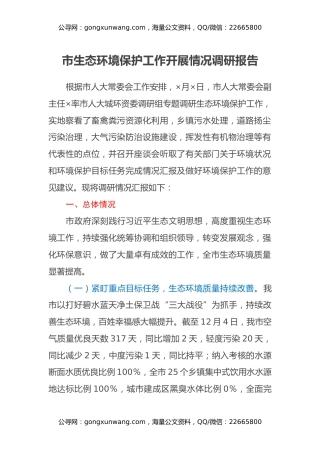 市生态环境保护工作开展情况调研报告