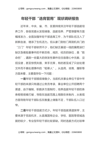年轻干部选育管用现状调研报告