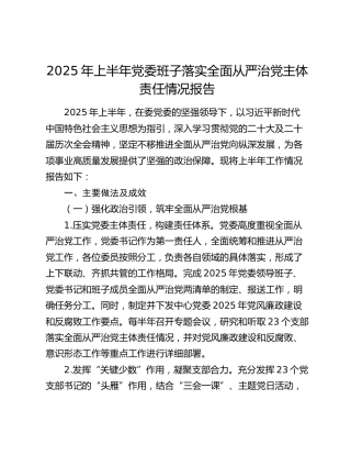 2025年上半年党委班子落实全面从严治党主体责任情况报告