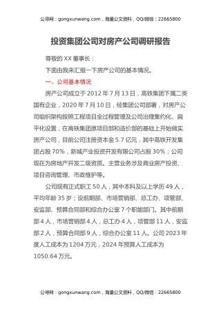 投资集团公司对子公司调研报告