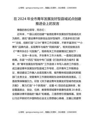 在2024年全市青年发展友好型县域试点创建推进会上的发言