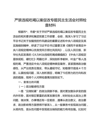 严禁违规吃喝以案促改专题民主生活会对照检查材料