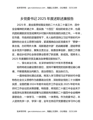 乡党委书记2025年度述职述廉报告