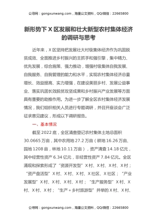 新形势下X区发展和壮大新型农村集体经济的调研与思考