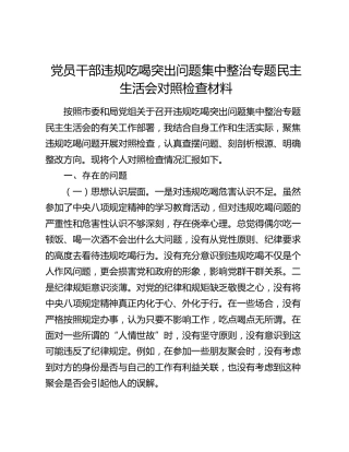 党员干部违规吃喝突出问题集中整治专题民主生活会对照检查材料