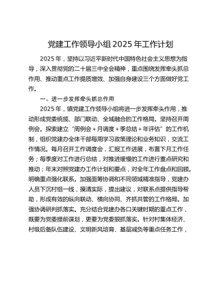 党建工作领导小组2025年工作计划