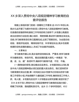 XX乡深入贯彻中央八项规定精神学习教育的自查评估报告