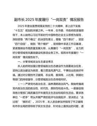 副市长2025年度履行“一岗双责”情况报告