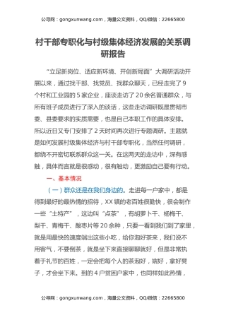 村干部专职化与村级集体经济发展的关系调研报告