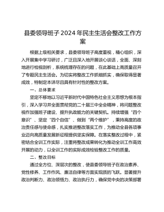 县委领导班子2024年民主生活会整改工作方案