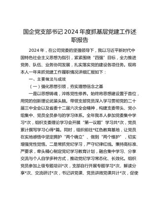 国企党支部书记2024年度抓基层党建工作述职报告