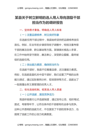 某县关于树立鲜明的选人用人导向激励干部担当作为的调研报告