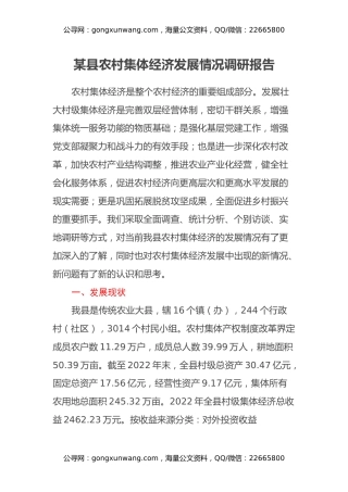 某县农村集体经济发展情况调研报告