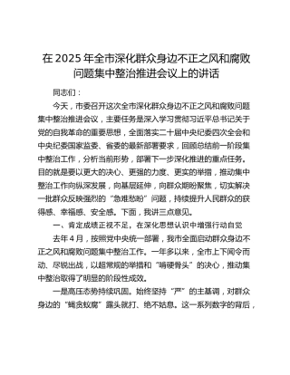 在2025年全市深化群众身边不正之风和腐败问题集中整治推进会议上的讲话