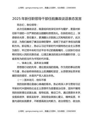 2025年新任职领导干部任前廉政谈话表态发言