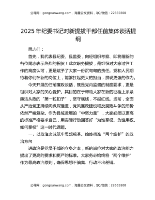 2025年纪委书记对新提拔干部任前集体谈话提纲