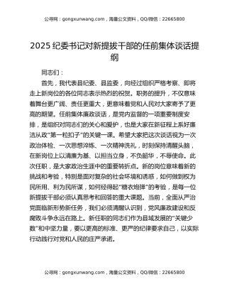 2025纪委书记对新提拔干部的任前集体谈话提纲