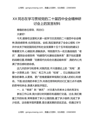 XX同志在学习贯彻党的二十届四中全会精神研讨会上的发言材料