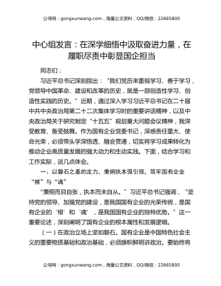 中心组发言：在深学细悟中汲取奋进力量，在履职尽责中彰显国企担当