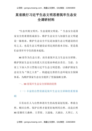 某省践行习近平生态文明思想筑牢生态安全调研材料
