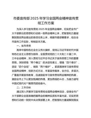 市委宣传部2025年学习全国两会精神宣传贯彻工作方案
