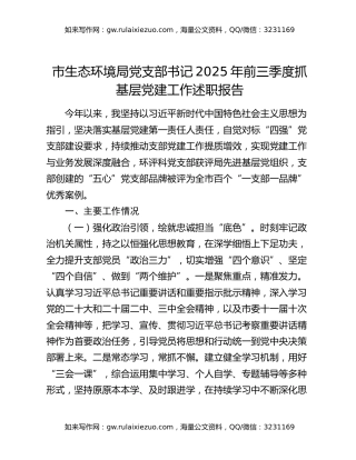 市生态环境局党支部书记2025年前三季度抓基层党建工作述职报告