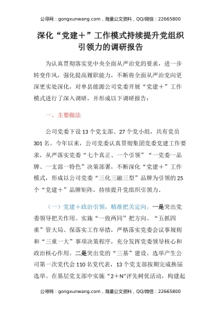 深化“党建+”工作模式持续提升党组织引领力的调研报告