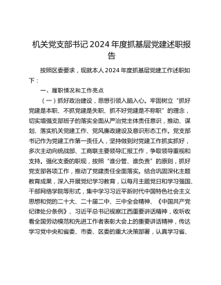 机关党支部书记2024年度抓基层党建述职报告