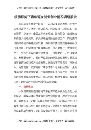 疫情形势下青年返乡就业创业情况调研报告