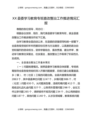 XX县委八项规定精神学习教育专班查改整治工作推进情况汇报