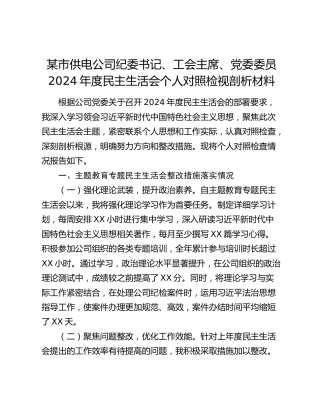 某市供电公司纪委书记、工会主席、党委委员2024年度民主生活会个人对照检视剖析材料