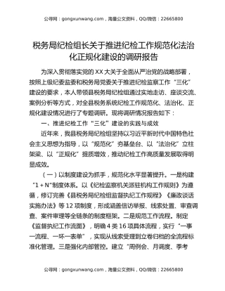 税务局纪检组长关于推进纪检工作规范化法治化正规化建设的调研报告