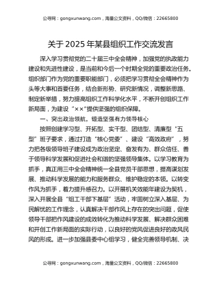 关于2025年某县组织工作交流发言