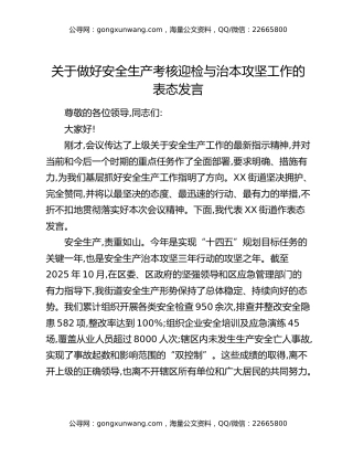关于做好安全生产考核迎检与治本攻坚工作的表态发言